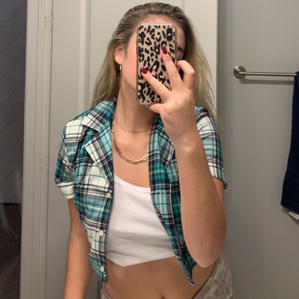 Green plaid cropped blazer